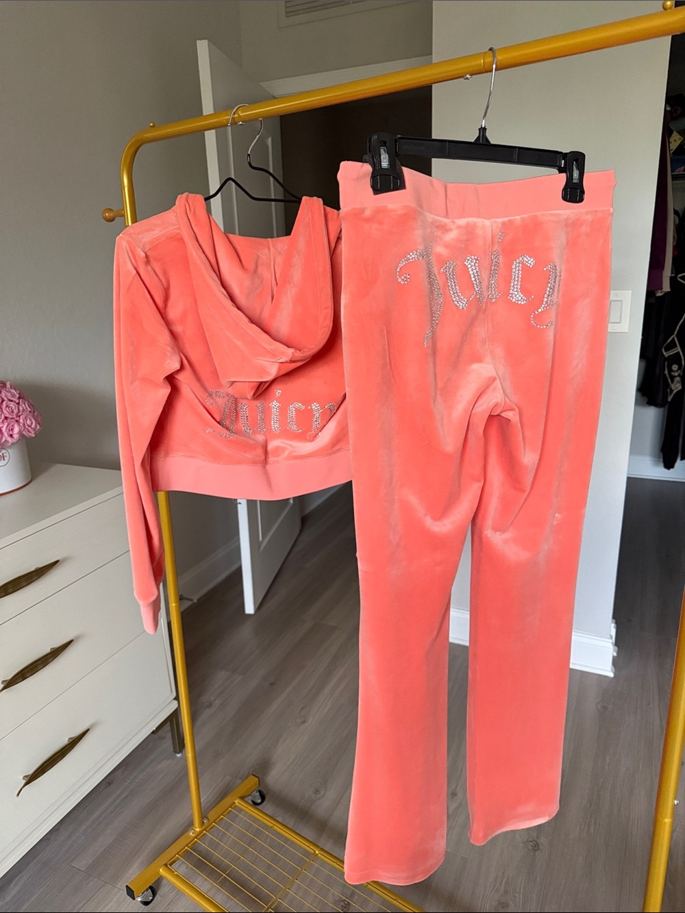 Juicy Couture Coral Pink Velour Rhinestone Logo Tracksuit Set